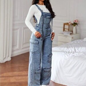 SHEIN Light Blue Wide-Leg Denim Cargo Overalls